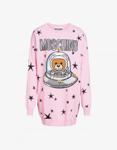 Shop Moschino Short Dress In Merino Wool With Ufo Teddy Inlay