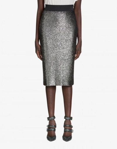 Shop Boutique Moschino Longuette Skirt In Silver Laminated Boucle