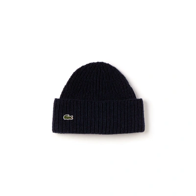 Shop Lacoste Men's Turned Edge Ribbed Wool Beanie In Navy Blue