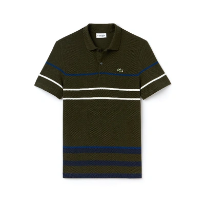 Shop Lacoste Men's Regular Fit Thick Striped Cotton Polo In Khaki Green / Blue / Navy Blue / White