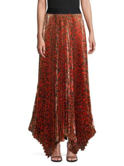 Shop Alice And Olivia Katz Pleated Leopard Maxi Skirt In Red Black