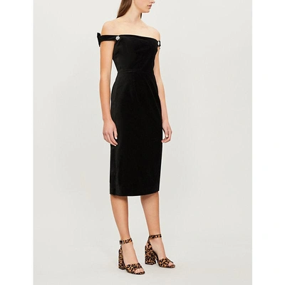 Shop Alexa Chung Off-the-shoulder Cotton-velvet Dress In Black