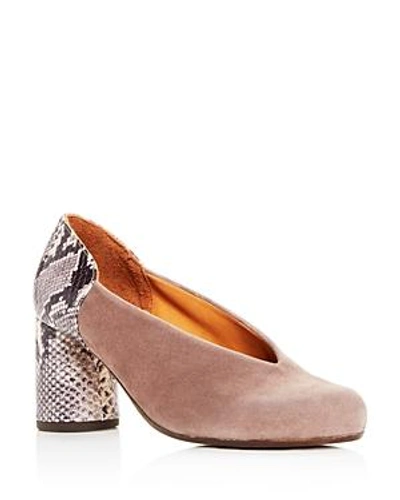 Shop Chie Mihara Women's Ante Amazon Suede & Embossed Leather Block-heel Pumps In Gray Suede/snake Embossed Leather