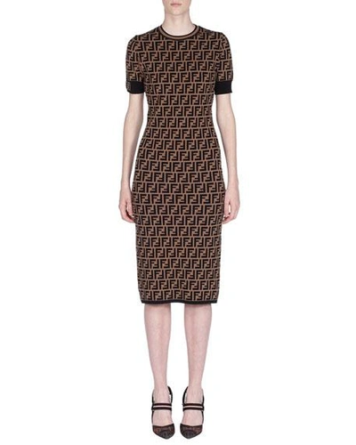 Shop Fendi Short-sleeve Logo Knit Midi Dress In Brown