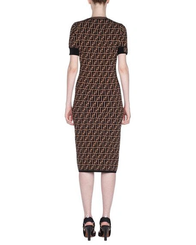 Shop Fendi Short-sleeve Logo Knit Midi Dress In Brown