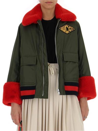 Shop Gucci Fur Collar And Cuff Bomber Jacket In Green