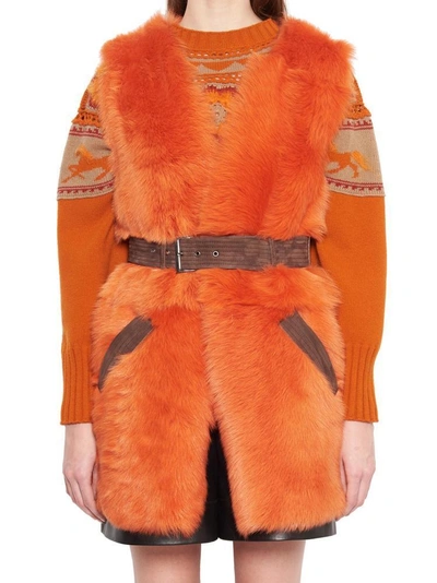 Shop Alberta Ferretti Belted Fur Vest In Orange