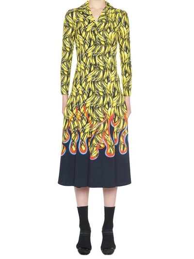 Shop Prada Bananas Flame Print Midi Dress In Yellow