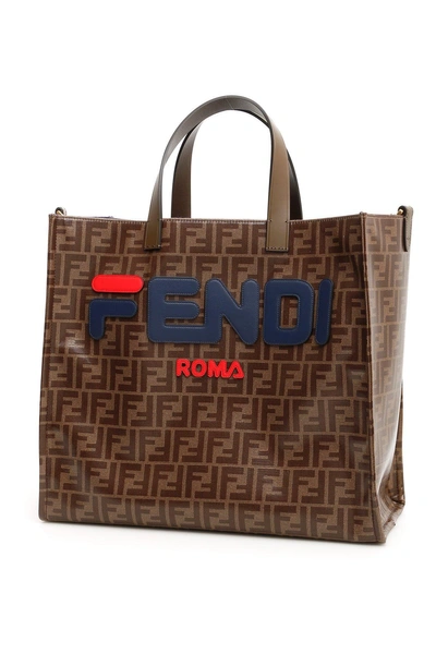 Shop Fendi X Fila Logo Print Tote Bag In Brown