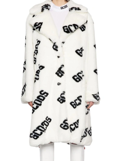Shop Gcds All Over Logo Print Faux Fur Oversize Coat In White