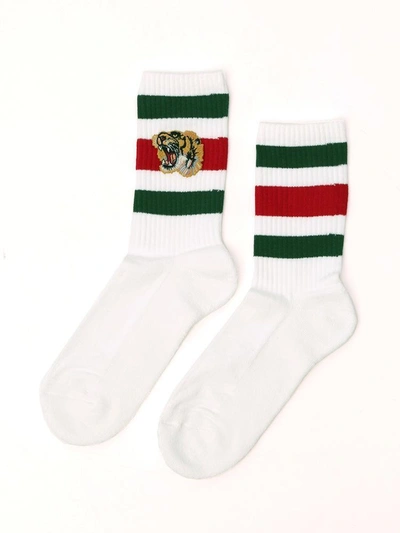 Shop Gucci Tiger Striped Socks In White