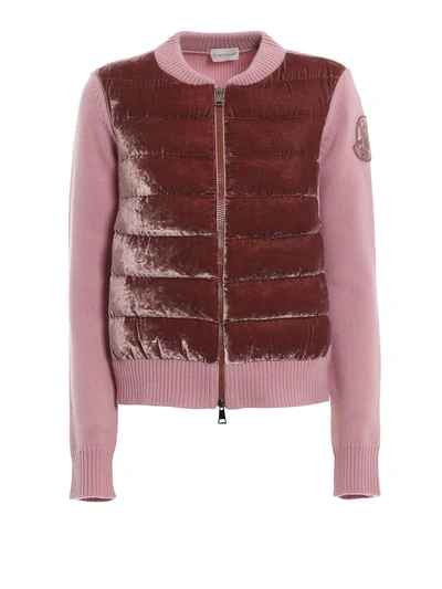 Shop Moncler Wool Blend Cardigan With Down Velvet Front In Pink