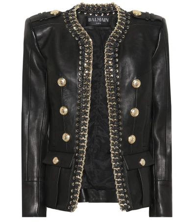 Shop Balmain Embellished Leather Jacket In Black