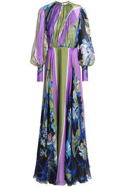 Shop Emilio Pucci Woman Gathered Printed Silk-chiffon Gown Lavender