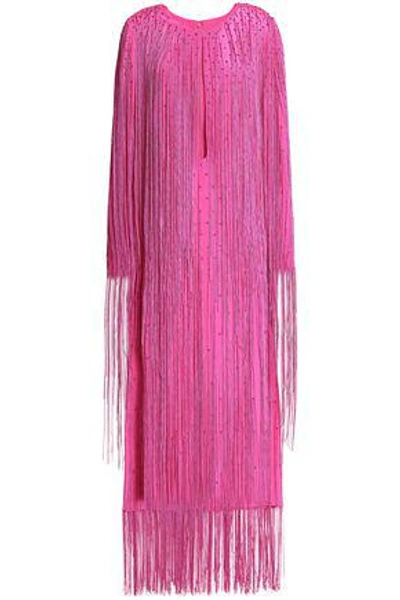 Shop Emilio Pucci Woman Fringed Cutout Silk-crepe Midi Dress Fuchsia