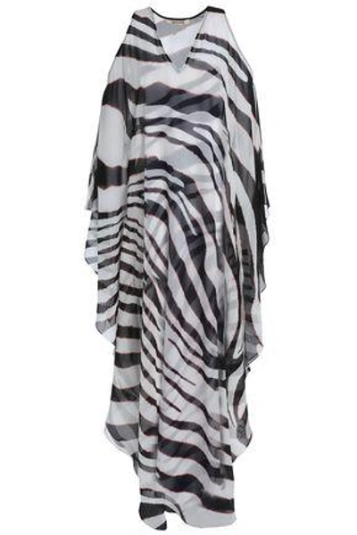 Shop Roberto Cavalli Woman Cold-shoulder Zebra-print Silk-chiffon Maxi Dress White