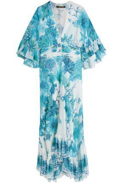 Shop Roberto Cavalli Ruffled Printed Silk Crepe De Chine Maxi Dress In Turquoise
