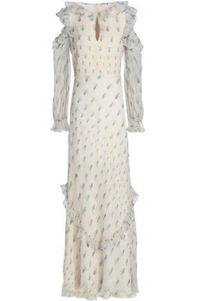 Shop Vilshenko Woman Cold-shoulder Ruffle-trimmed Printed Silk-georgette Maxi Dress Ivory