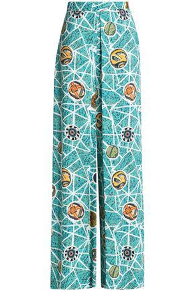 Shop Stella Jean Woman Pleated Printed Crepe Wide-leg Pants Turquoise