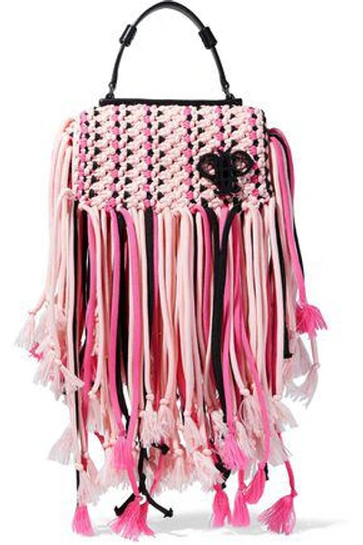 Shop Emilio Pucci Woman Leather-trimmed Fringed Macramé Shoulder Bag Pink