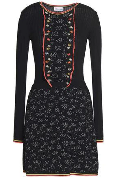 Shop Red Valentino Woman Ruffle-trimmed Jacquard And Ribbed-knit Mini Dress Black