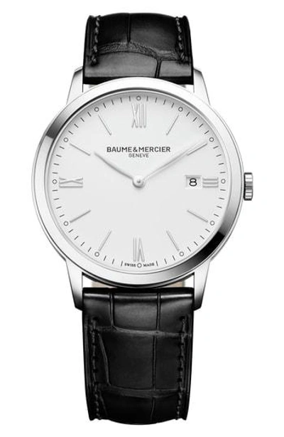 Shop Baume & Mercier Classima Leather Strap Watch, 40mm In Silver/ Brown