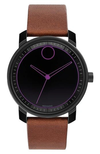 Shop Movado Bold Leather Strap Watch, 41mm In Brown/ Black/ Purple