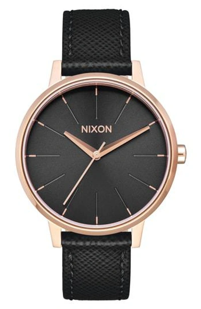 Shop Nixon 'the Kensington' Leather Strap Watch, 37mm In Black/ Rose Gold