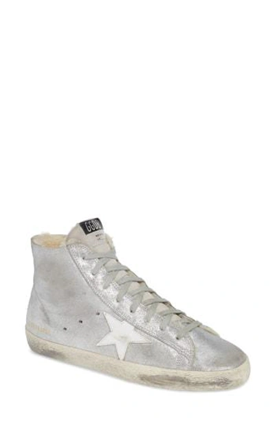 Shop Golden Goose Francy High Top Sneaker With Genuine Shearling In Silver/ White