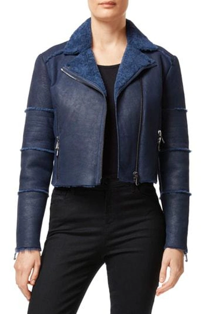 Shop J Brand Aiah Lambskin Leather Moto Jacket With Genuine Shearling Trim In Washed Navy