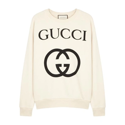 Shop Gucci Ecru Logo-print Cotton Sweatshirt In White