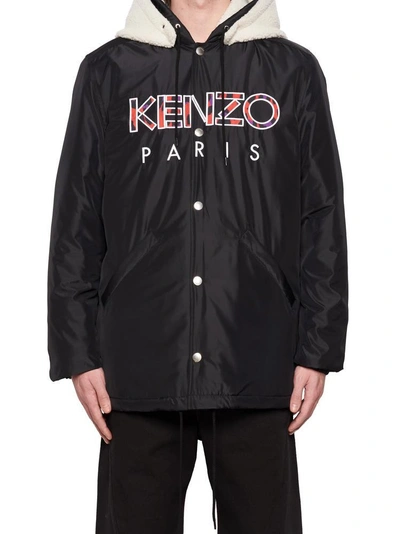 Shop Kenzo Logo Hooded Faux Shearling Jacket In Black