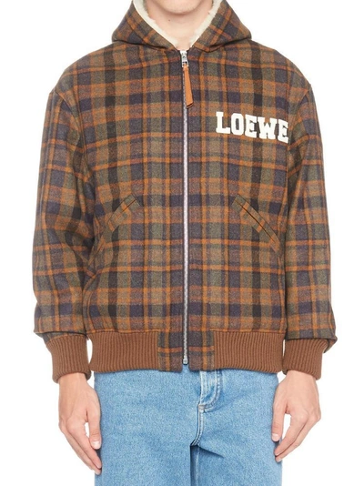Shop Loewe Checked Hooded Bomber Jacket In Brown