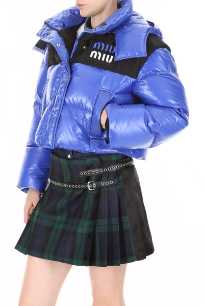 Shop Miu Miu Logo Cropped Puffer Jacket In Blue