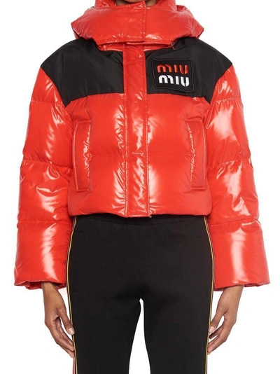 Shop Miu Miu Logo Cropped Puffer Jacket In Red