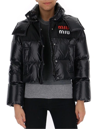 Shop Miu Miu Logo Cropped Puffer Jacket In Black