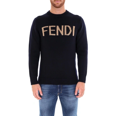 Shop Fendi Knitted Logo Sweater In Blue