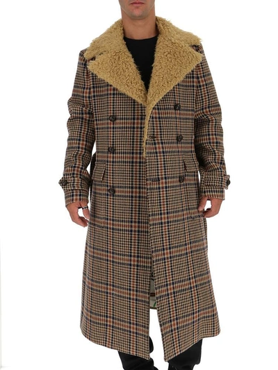 Shop Gucci Checked Belted Coat In Brown