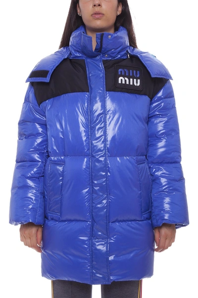 Shop Miu Miu Logo Ovesized Padded Coat In Blue