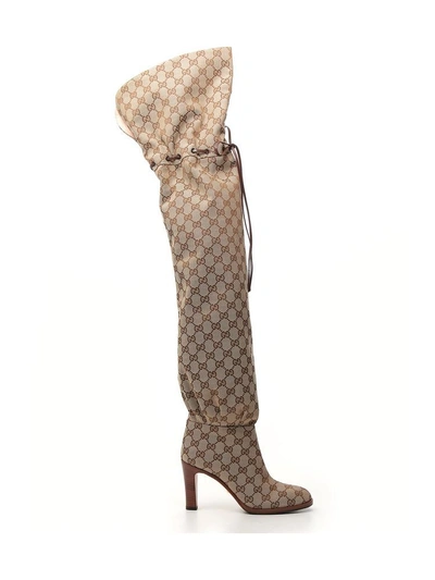 Shop Gucci Gg Over The Knee Boots In Beige