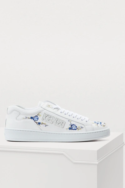 Shop Kenzo Leather Sneakers With Embroidered Flowers In Embroidered Cheongsam Flower 1