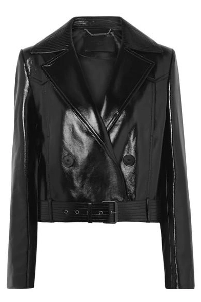 Shop Givenchy Cropped Double-breasted Glossed-leather Biker Jacket In Black