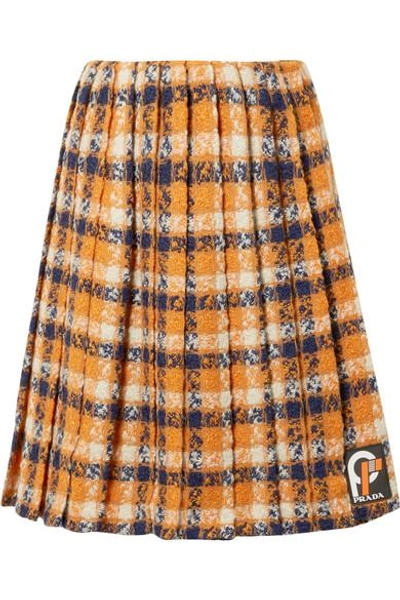 Shop Prada Pleated Checked Wool-tweed Skirt In Orange