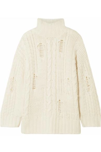 Shop Current Elliott The Vin Distressed Cable-knit Turtleneck Sweater In Cream