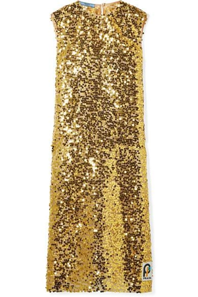 Shop Prada Sequined Organza Midi Dress In Gold