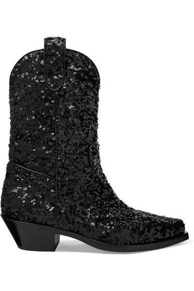 Shop Dolce & Gabbana Sequined Leather Ankle Boots In Black