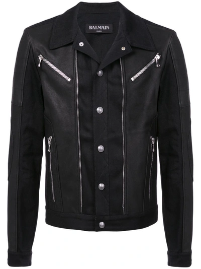 Shop Balmain Collared Biker Jacket In Black