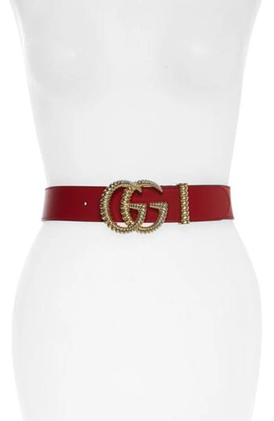 Shop Gucci Textured Gg Logo Leather Belt In Hibiscus Red