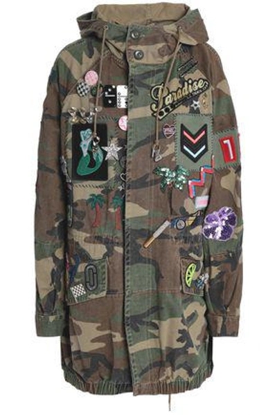 Shop Marc Jacobs Woman Appliquéd Embellished Printed Denim Hooded Jacket Army Green