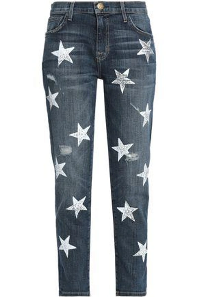 Shop Current Elliott Current/elliott Woman Distressed Printed High-rise Slim-leg Jeans Mid Denim